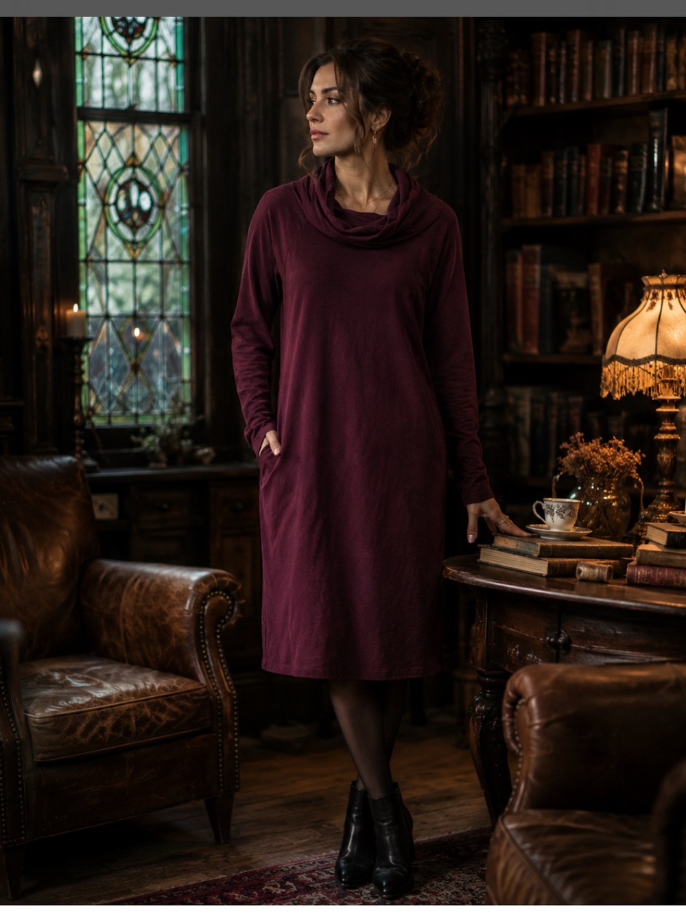 Women's Long Sleeve Cowl Neck Dress - Maroon